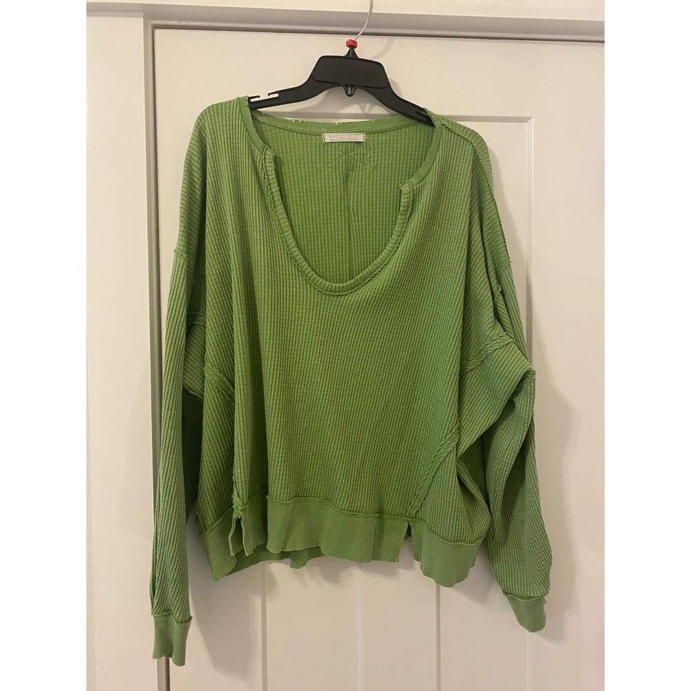 Free People We The Free Green Waffle Knit Scoop Neck Thermal Top Small
